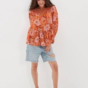 American Eagle Oversized Long Sleeve Square Neck Peasant Blouse size S mix print